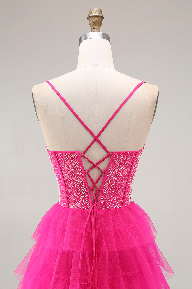 Laden Sie das Bild in den Galerie-Viewer, Fuchsia Korsett A-Linie Spaghettiträger Perlenbesetztes Gestuftes Ballkleid mit Schlitz