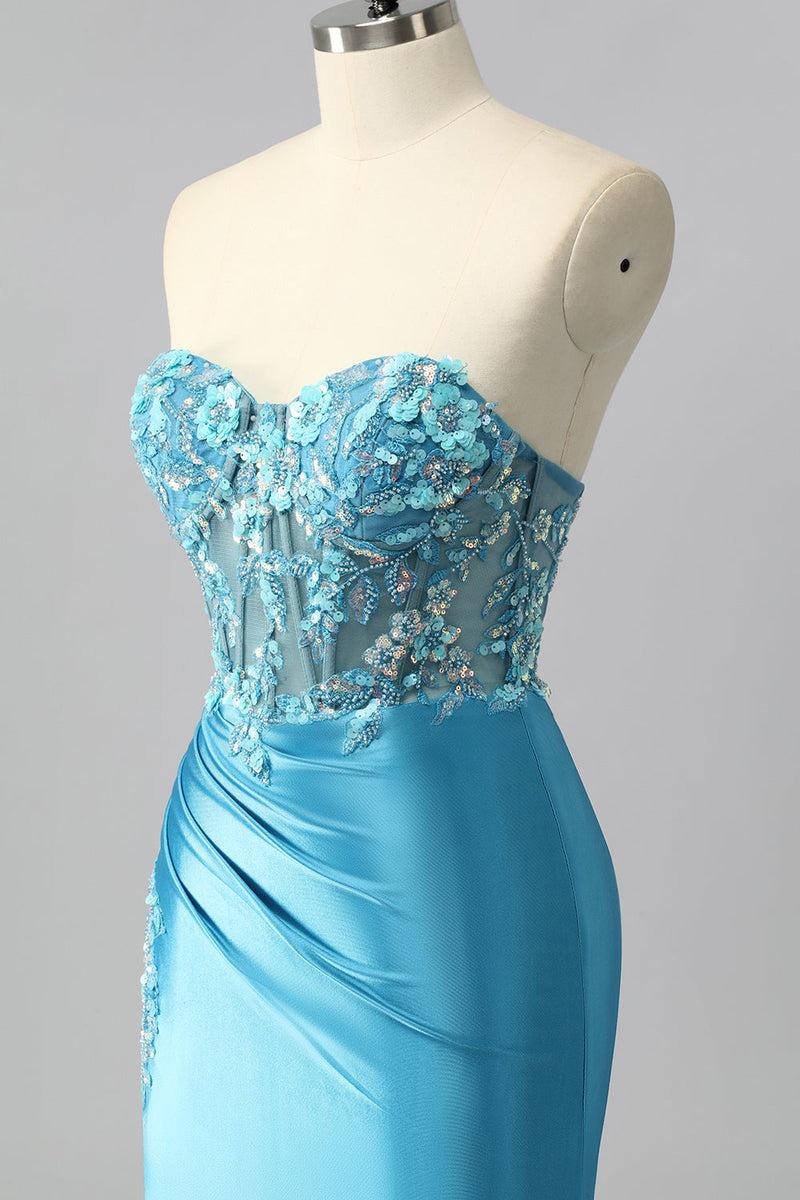 Laden Sie das Bild in den Galerie-Viewer, Trägerloses Blaues Korsett Meerjungfrau Satin Ballkleid mit Applikationen