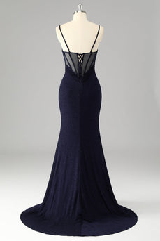 Glitzerndes Marineblaues Spaghettiträger Meerjungfrauen Langes Ballkleid mit Schlitz