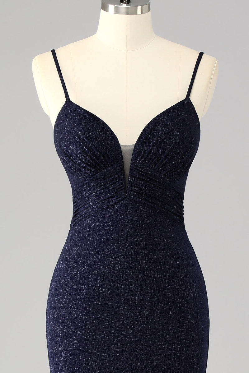 Laden Sie das Bild in den Galerie-Viewer, Glitzerndes Marineblaues Spaghettiträger Meerjungfrauen Langes Ballkleid mit Schlitz