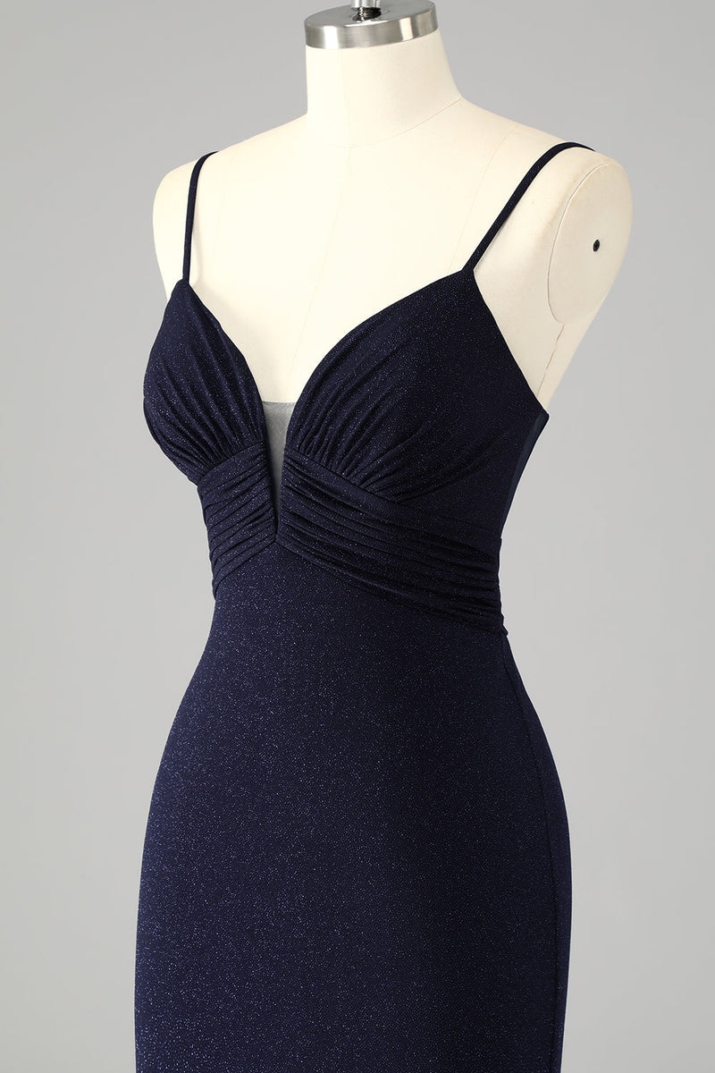 Laden Sie das Bild in den Galerie-Viewer, Glitzerndes Marineblaues Spaghettiträger Meerjungfrauen Langes Ballkleid mit Schlitz