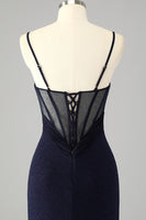 Laden Sie das Bild in den Galerie-Viewer, Glitzerndes Marineblaues Spaghettiträger Meerjungfrauen Langes Ballkleid mit Schlitz