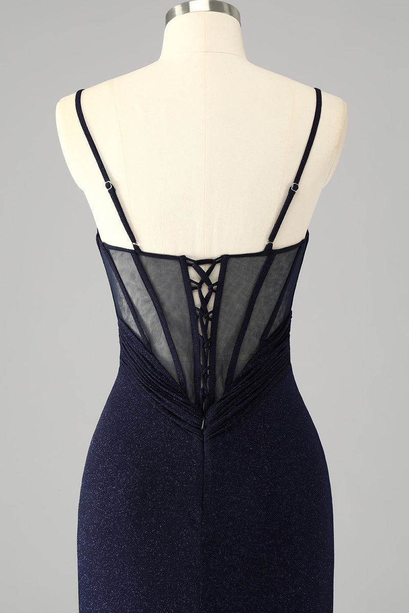 Laden Sie das Bild in den Galerie-Viewer, Glitzerndes Marineblaues Spaghettiträger Meerjungfrauen Langes Ballkleid mit Schlitz