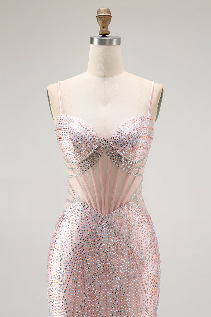 Laden Sie das Bild in den Galerie-Viewer, Blush Meerjungfrau Korsett Perlenbesetztes Langes Ballkleid mit Schnürung am Rücken