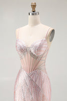 Laden Sie das Bild in den Galerie-Viewer, Blush Meerjungfrau Korsett Perlenbesetztes Langes Ballkleid mit Schnürung am Rücken