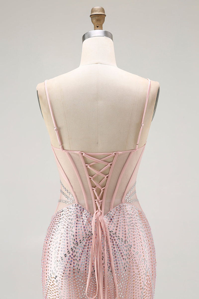 Laden Sie das Bild in den Galerie-Viewer, Blush Meerjungfrau Korsett Perlenbesetztes Langes Ballkleid mit Schnürung am Rücken