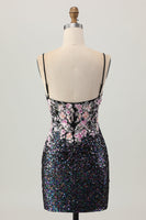 Laden Sie das Bild in den Galerie-Viewer, Glitzerndes Schwarzes Rosa Blume Bodycon Korsett Kurzes Abiballkleid mit Pailletten