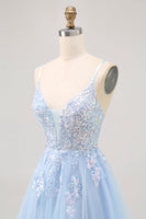 Laden Sie das Bild in den Galerie-Viewer, Glitzerndes Blaues Kurzes Pailletten Tüll Abiballkleid in A-Linie mit Schnürung