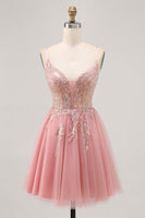 Laden Sie das Bild in den Galerie-Viewer, Glitzerndes Blush A-Linie Tüll Pailletten Kurzes Cocktailkleid mit Schnürung