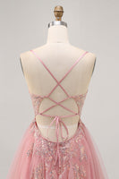 Laden Sie das Bild in den Galerie-Viewer, Glitzerndes Blush A-Linie Tüll Pailletten Kurzes Cocktailkleid mit Schnürung