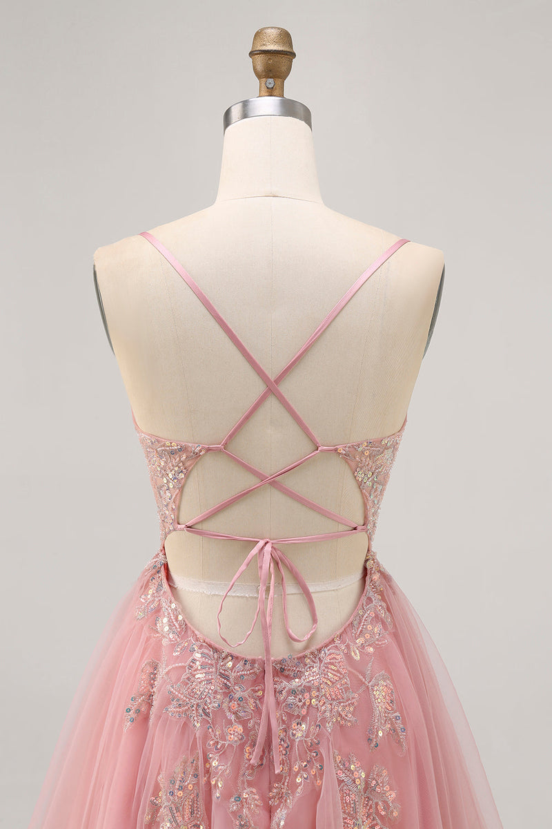 Laden Sie das Bild in den Galerie-Viewer, Glitzerndes Blush A-Linie Tüll Pailletten Kurzes Cocktailkleid mit Schnürung