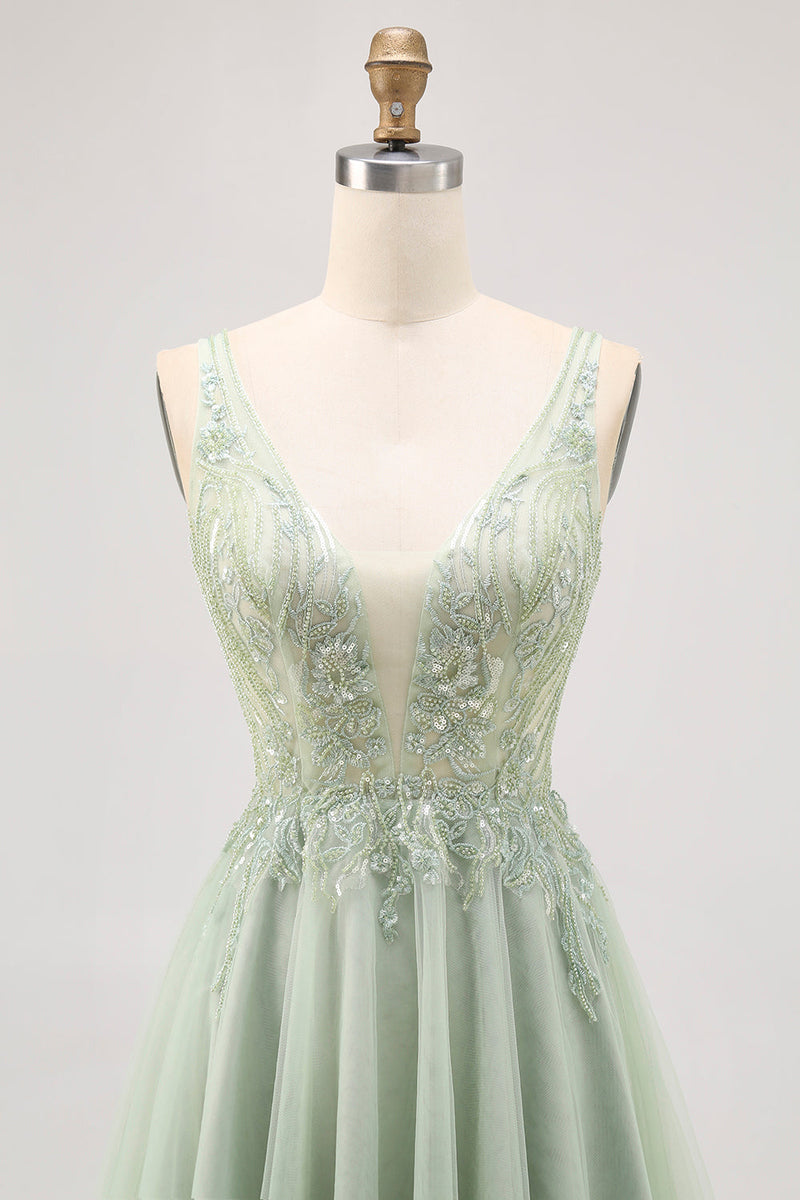 Laden Sie das Bild in den Galerie-Viewer, Grünes Kurzes Tüll Cocktailkleid in A-Linie mit Perlen und Pailletten