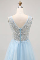 Laden Sie das Bild in den Galerie-Viewer, Glitzerndes Blaues Kurzes Tüll Cocktailkleid in A-Linie mit Pailletten