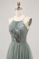Laden Sie das Bild in den Galerie-Viewer, Grau Grün A-Linie Tüll Pailletten Kurzes Cocktailkleid mit Pailletten