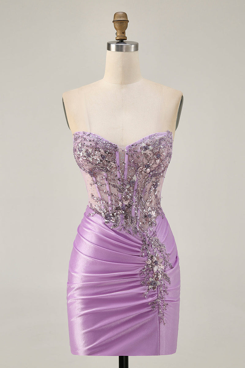 Laden Sie das Bild in den Galerie-Viewer, Glitzerndes Graugrünes Figurbetontes Trägerloses Kurzes Abiballkleid mit Schnürung