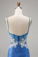 Laden Sie das Bild in den Galerie-Viewer, Glitzerndes BlumigesFigurbetontes Blaues Cocktailkleid mit Pailletten