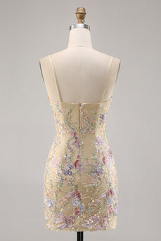 Aprikose Blumen Besticktes Figurbetontes Abiballkleid