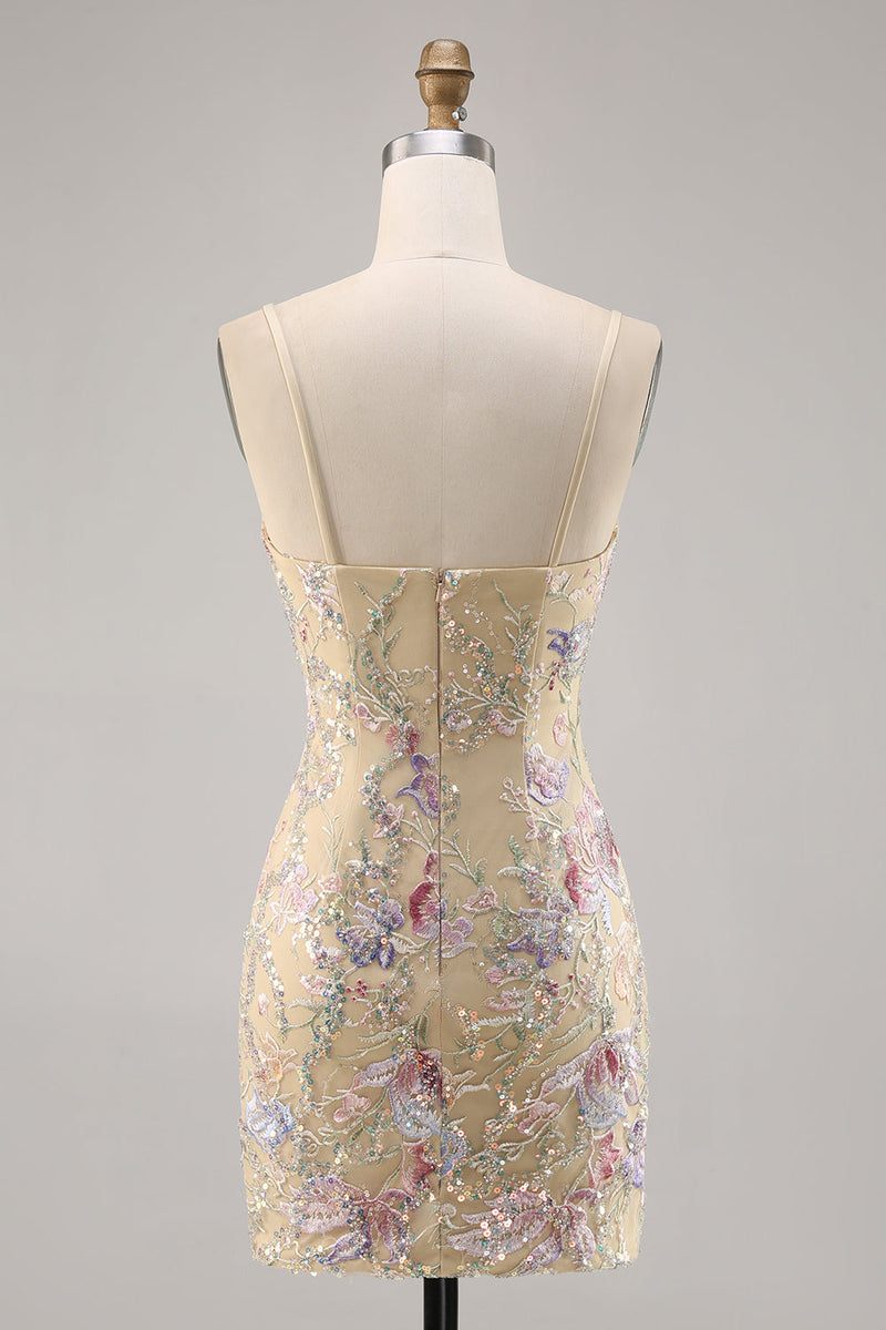 Laden Sie das Bild in den Galerie-Viewer, Aprikose Blumen Besticktes Figurbetontes Abiballkleid