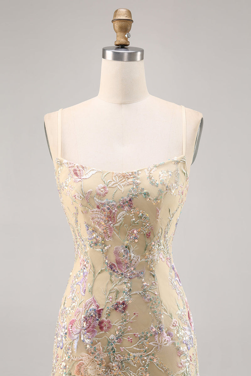 Laden Sie das Bild in den Galerie-Viewer, Aprikose Blumen Besticktes Figurbetontes Abiballkleid