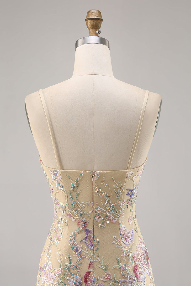 Laden Sie das Bild in den Galerie-Viewer, Aprikose Blumen Besticktes Figurbetontes Abiballkleid