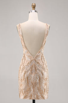 Perlenbesetztes Champagner Bodycon Cocktailkleid mit Pailletten