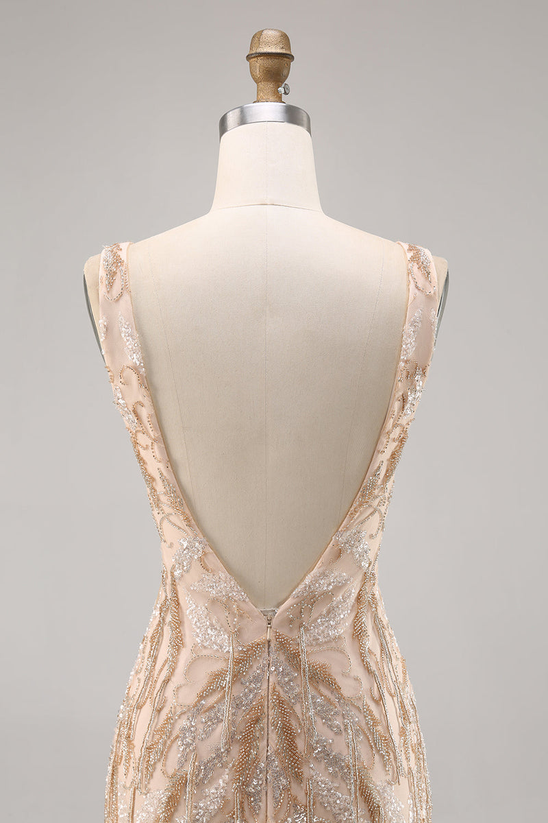 Laden Sie das Bild in den Galerie-Viewer, Perlenbesetztes Champagner Bodycon Cocktailkleid mit Pailletten