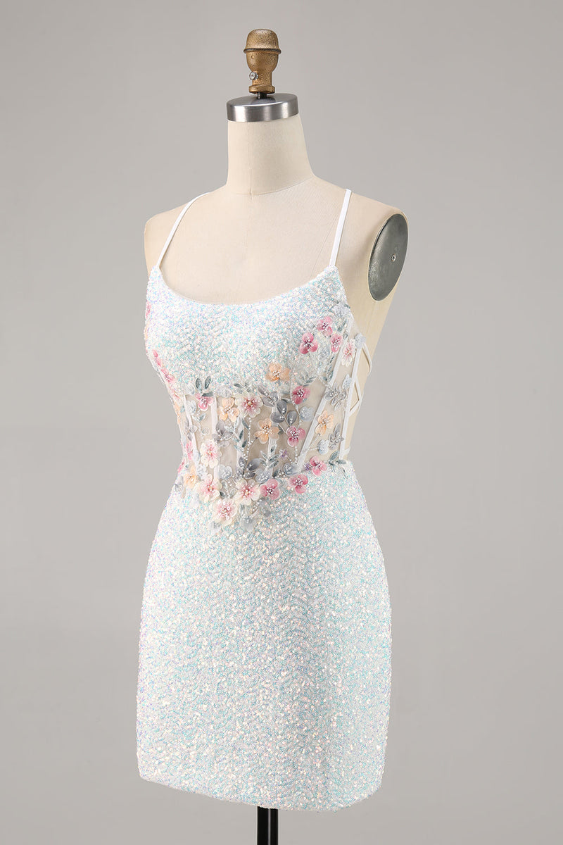 Laden Sie das Bild in den Galerie-Viewer, Glitzerndes Weißes Figurbetontes Korsett Standesamtkleid mit Applikationen