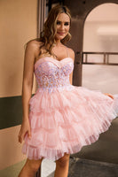 Laden Sie das Bild in den Galerie-Viewer, Rosa A-Linie Korsett Gestuftes Kurzes Cocktailkleid mit Pailletten