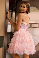 Laden Sie das Bild in den Galerie-Viewer, Rosa A-Linie Korsett Gestuftes Kurzes Cocktailkleid mit Pailletten