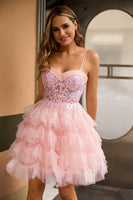 Laden Sie das Bild in den Galerie-Viewer, Rosa A-Linie Korsett Gestuftes Kurzes Cocktailkleid mit Pailletten