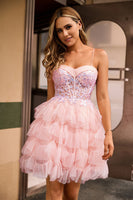 Laden Sie das Bild in den Galerie-Viewer, Rosa A-Linie Korsett Gestuftes Kurzes Cocktailkleid mit Pailletten