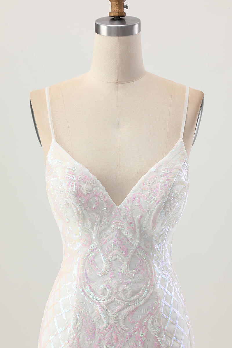 Laden Sie das Bild in den Galerie-Viewer, Glitzerndes Weißes Figurbetontes Kurzes Abiballkleid mit Pailletten