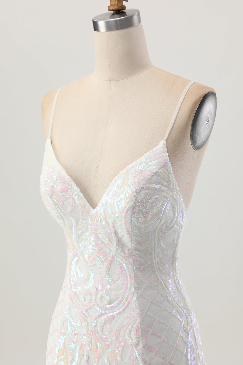 Laden Sie das Bild in den Galerie-Viewer, Glitzerndes Weißes Figurbetontes Kurzes Abiballkleid mit Pailletten