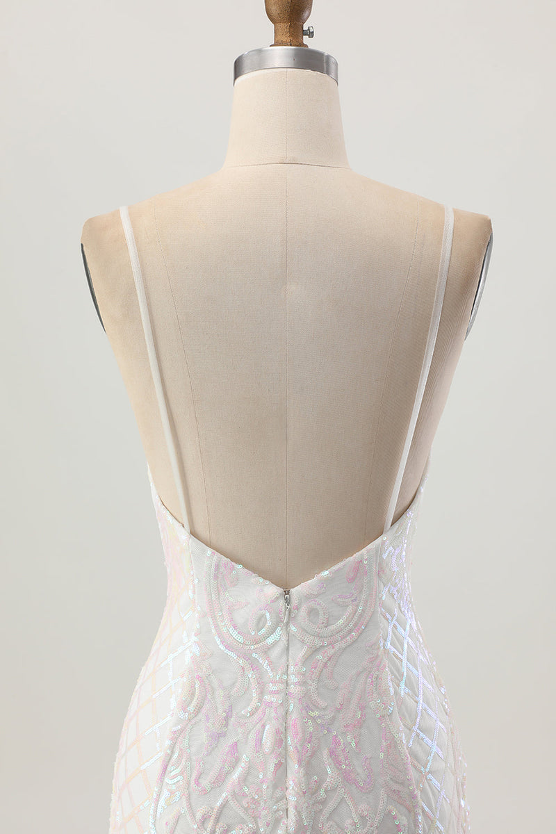 Laden Sie das Bild in den Galerie-Viewer, Glitzerndes Weißes Figurbetontes Kurzes Abiballkleid mit Pailletten