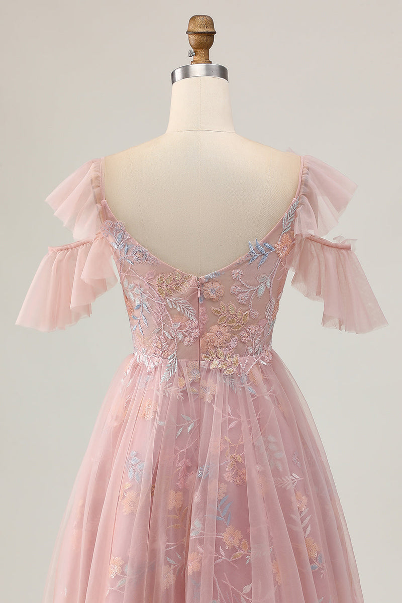 Laden Sie das Bild in den Galerie-Viewer, Blush A-Linie Kalte Schulter Kurzes Kurzes Cocktailkleid mit Blumen und Applikationen