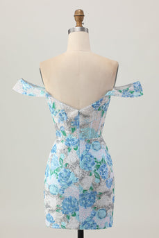 Weiß Blau Blume Bodycon Schulterfreies Pailletten Kurzes Abiballkleid