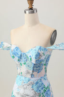 Laden Sie das Bild in den Galerie-Viewer, Weiß Blau Blume Bodycon Schulterfreies Pailletten Kurzes Abiballkleid