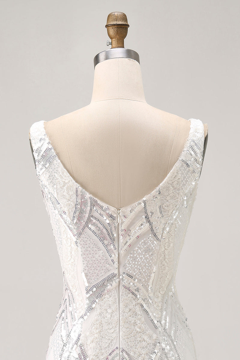 Laden Sie das Bild in den Galerie-Viewer, Glitzerndes Weißes Figurbetontes Pailletten Kurzes Cocktailkleid