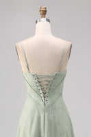 Laden Sie das Bild in den Galerie-Viewer, Salbeigrünes Spitze Korsett A-Linie Langes Brautjungfernkleid