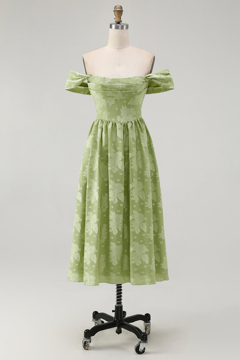 Salbeigrün A-Linie Schulterfreies Geblümtes Midi Brautjungfernkleid