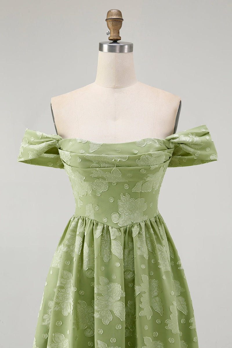 Laden Sie das Bild in den Galerie-Viewer, Salbeigrün A-Linie Schulterfreies Geblümtes Midi Brautjungfernkleid