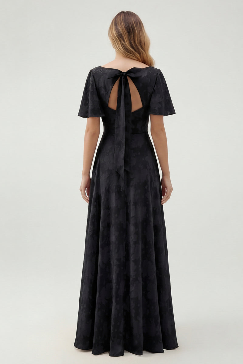 Laden Sie das Bild in den Galerie-Viewer, Grünes Geblümtes A-Linie Brautjungfernkleid mit kurzen Ärmeln