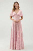 Laden Sie das Bild in den Galerie-Viewer, Grünes Geblümtes A-Linie Brautjungfernkleid mit kurzen Ärmeln