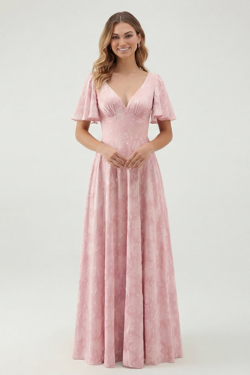 Laden Sie das Bild in den Galerie-Viewer, Grünes Geblümtes A-Linie Brautjungfernkleid mit kurzen Ärmeln