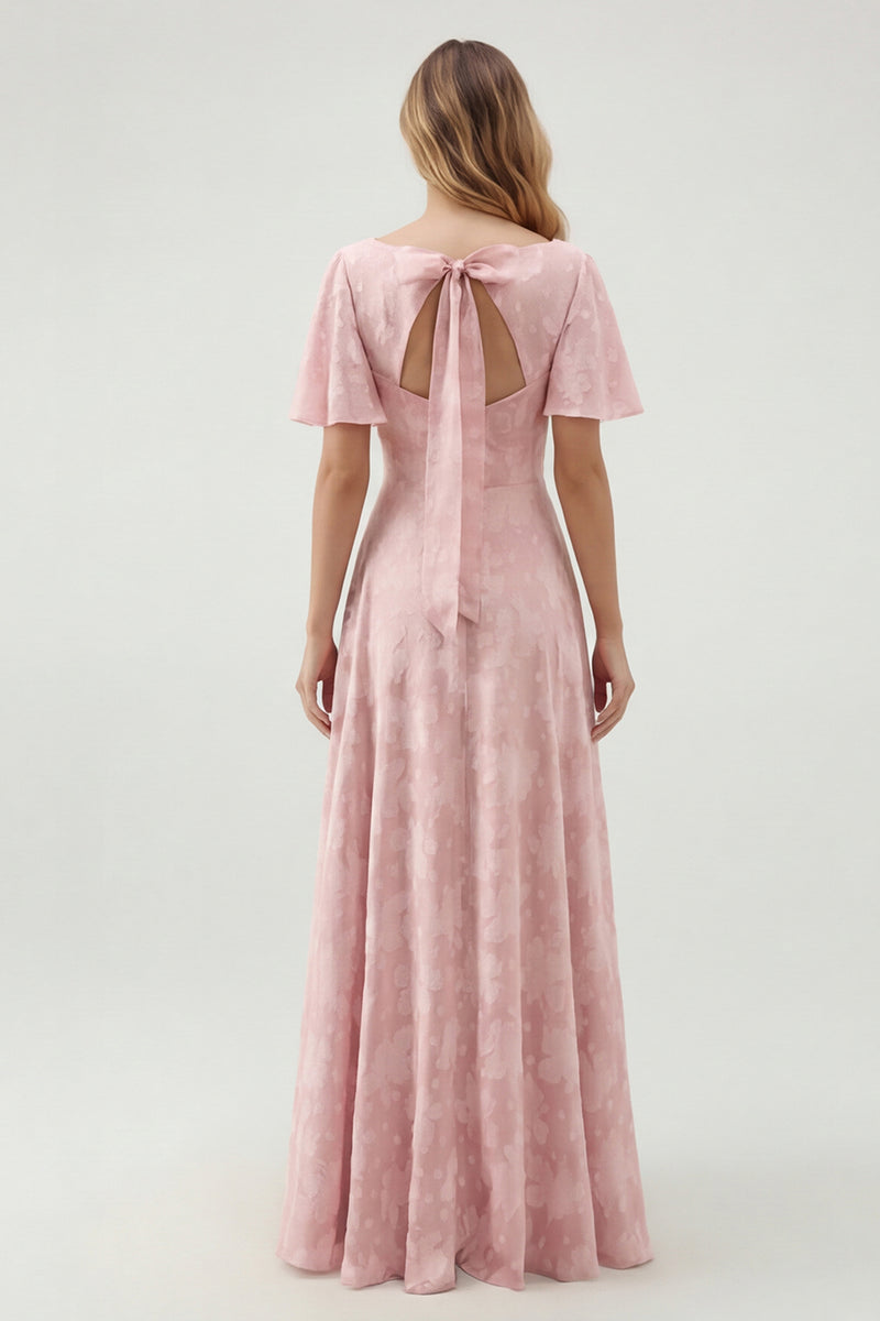 Laden Sie das Bild in den Galerie-Viewer, Grünes Geblümtes A-Linie Brautjungfernkleid mit kurzen Ärmeln