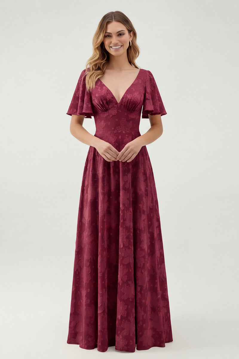 Laden Sie das Bild in den Galerie-Viewer, Grünes Geblümtes A-Linie Brautjungfernkleid mit kurzen Ärmeln