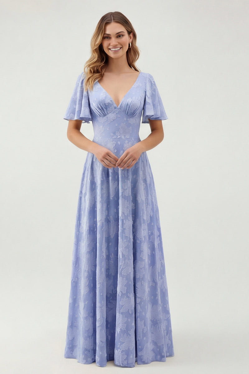 Laden Sie das Bild in den Galerie-Viewer, Grünes Geblümtes A-Linie Brautjungfernkleid mit kurzen Ärmeln