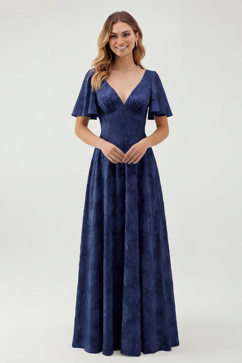 Laden Sie das Bild in den Galerie-Viewer, Grünes Geblümtes A-Linie Brautjungfernkleid mit kurzen Ärmeln