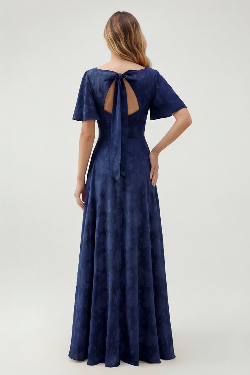 Laden Sie das Bild in den Galerie-Viewer, Grünes Geblümtes A-Linie Brautjungfernkleid mit kurzen Ärmeln