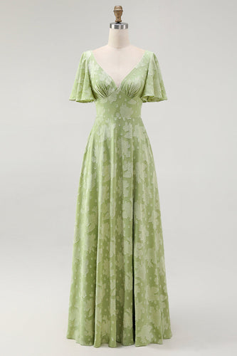 Grünes Geblümtes A-Linie Brautjungfernkleid mit kurzen Ärmeln